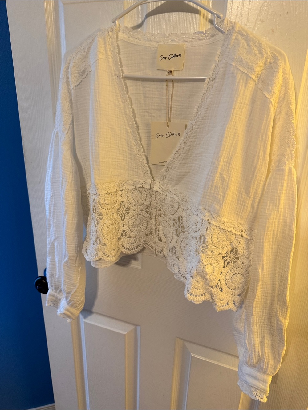 Easy Clothes White Lace-Trim V-Neck Peasant Blouse